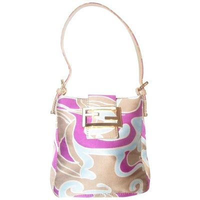 Fendi Limited Edition Colorful Print Silk & Leather Baguette: One of a kind Limited Edition Fendi mini baguette! For sale is a rare, Fendi, limited edition, gold, magenta, blue, and ivory, abstract print silk and taupe leather baguette bag with gold hardwa