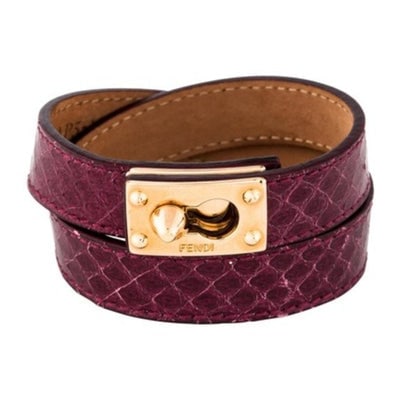 Fendi Burgundy Snakeskin Leather and Gold: AMAZING, Fendi, substantial, burgundy snakeskin leather, wrap around style, buckled bracelet with a large, gold, 'Fendi' engraved, push button clasp that meets at the center! This bracelet has a high-