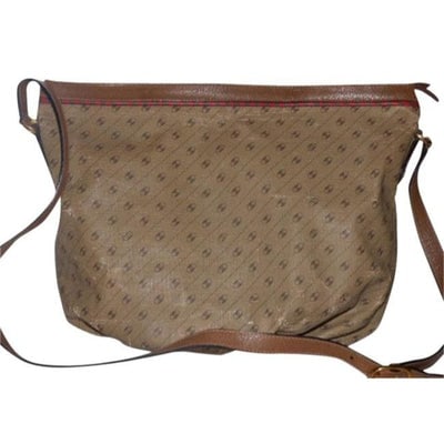 Gucci Vintage Camel Leather With Red Green Striped Accents Logo Link Print: For sale is a unique, vintage, Gucci Accessory Collection, RARE, diagonal logo link print coated canvas/leather in browns, zip top, XL hobo style bucket bag with green/red leather accents! It is a uni