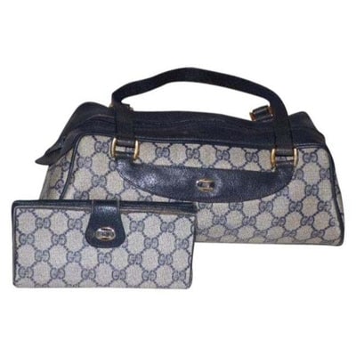 Gucci Large Logo Print Shades Of Blues Coated Canvas And Leather Satchel: *** The wallet is no longer available, but I have many wallets listed that would match! *** For sale is a Gucci, RARE, navy blue, large 'G' logo design coated canvas & leather, large, satchel/spee