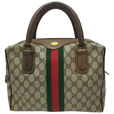 Gucci Boston Bag Guccissima Print And Brown W Red Green Leather Coated Canvas Satchel: For sale is a vintage, Gucci Accessory Collection, two- way style Boston bag made of a brown Guccissima print coated canvas and brown leather with a wide, red and green center stripe, two, rolled, bro