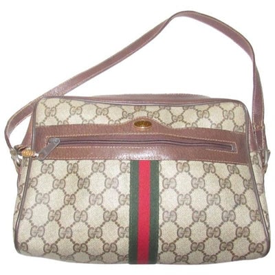 Gucci Vintage Shades Of Brown Large G Logo Print Coated Canvas And Leather: * For sale is a Gucci, brown large G logo print coated canvas and brown leather, roomy, shoulder bag with front zip pocket and red and green striped accent! It is a classic style that would be great u