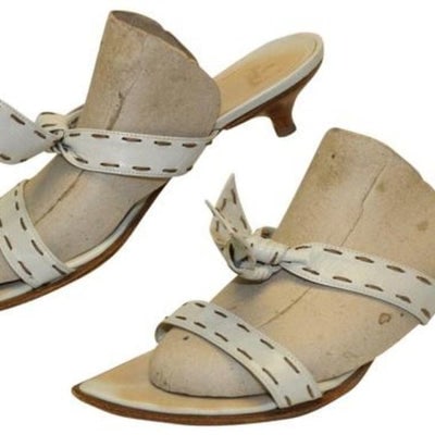 FURLA White Leather 2 Strap Slides with Brown Contrast Stitching & 1.5" Kitten Heels (1 of 4)