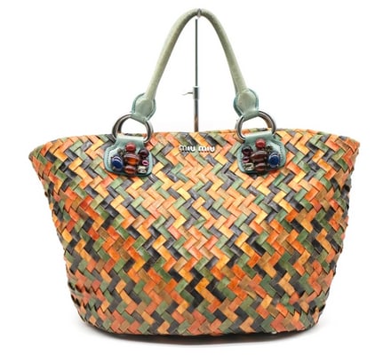 Miu Miu multi-colored intrecciatio woven leather satchel with crystal accents: Introducing an exquisite Miu Miu multi-colored intrecciatio woven leather satchel—a statement piece that seamlessly blends luxury craftsmanship with practical elegance. This XL satchel showcases