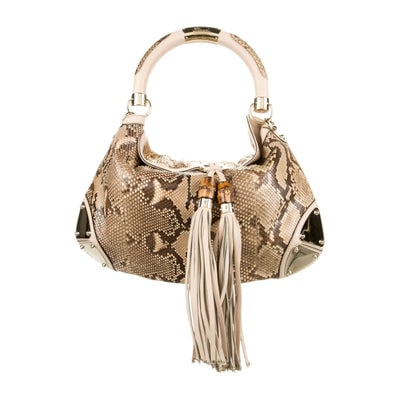 Gucci Indy style python leather two-way w bamboo: For sale is a vintage, AMAZING, GUCCI, Brown Python Animal Print XL Indy Two Way Top Handle Hobo with a drawstring top, leather accents, silver plates at the corners, a cross-over bamboo beaded, doubl