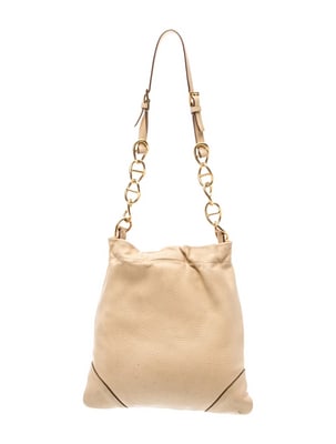 Prada Gold Vitello Daino Leather Shoulder Bag w/ Chain-Link Accents: Description:Prada Shoulder BagVintageGold Vitello Daino LeatherVitello Daino LeatherGold-Tone HardwareSingle Shoulder StrapChain-Link AccentsLeather Lining & Single Interior PocketSnap Closure at 
