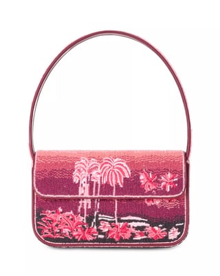 Staud beaded shoulder bag in shades of pink with palm trees - NWT!: For sale is an amazing NWT Staud beaded shoulder bag in shades of pink with palm trees, an envelope top, leather base, and timeless retro style! This designer piece features intricate beadwork that ca