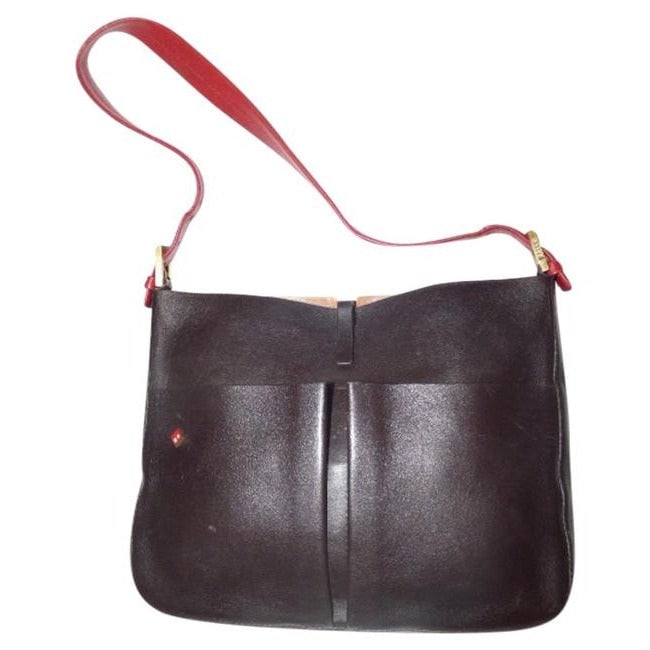 Bally Black And Red Leather Shoulder Bag: * For sale is a mod style, Bally, unusual, hinged top closure, black leather body with red leather strap, color block style, shoulder bag with two front pockets! This is a unique purse which draws fro