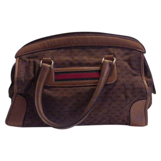 Gucci Vintage Dark Brown Small G Logo Print Fabric And Camel Leather With Red Green Stripe: For sale is a vintage, early Gucci, brown small G logo print fabric and camel leather, XL, satchel or Boston/Speedy bag with red/green horizontal striped accents below the handles! This is a super rar