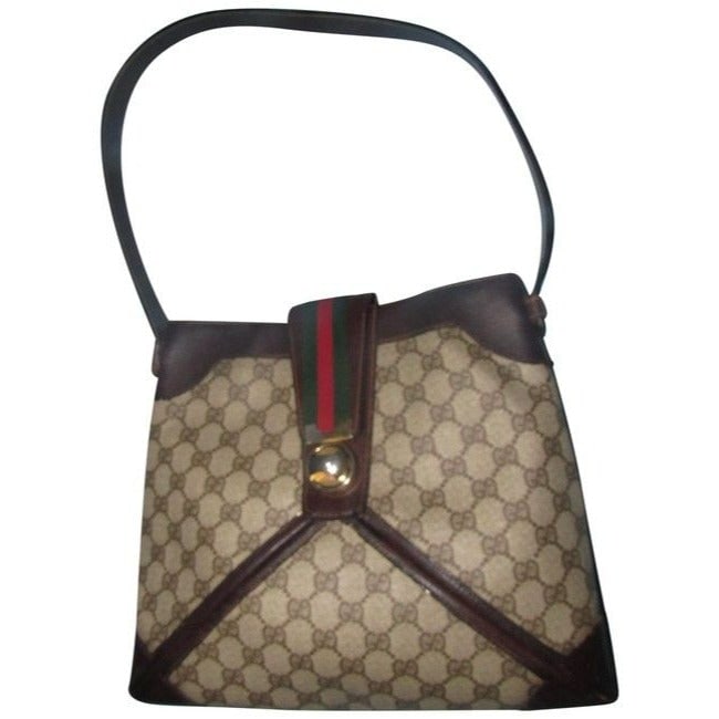 Gucci Vintage Pursesdesigner Purses Brown Leather And Large G Logo Print Coated Canvas With Redgreen: For sale is a Gucci, RARE, brown leather and Guccissima print coated canvas, bucket shaped, hobo style, shoulder bag with a red/green striped strap that connects to the bold gold twist closure! It is 