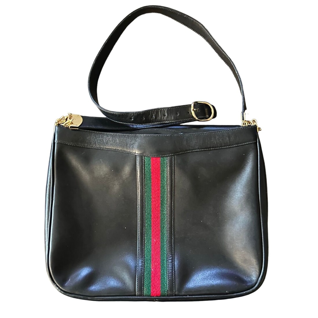 Gucci black leather hobo bag w Sherry stripe & horse-bit chain strap: For sale is a vintage, RARE, Gucci, mod, black leather, single strap, hobo style shoulder purse with a wide red & green center stripe, bold, gold, horse-bit, accents attaching the straps, & an exterio