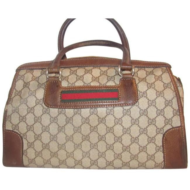Gucci Supreme Brown Large G Logo Print Coated Canvas And Brown Leather With Red And Green Stripe: For sale is a RARE, vintage, Gucci, brown large G logo print coated canvas and brown leather, XL, satchel or speedy bag with red/green horizontal stripes below the handles! This is a super rare purse 