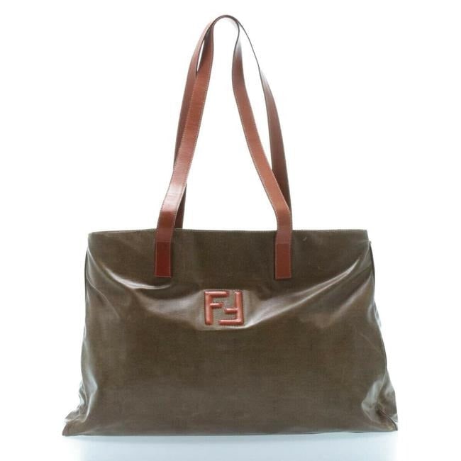 Fendi Tote Bag Xl Leathercoated Khaki Brownburnt Orange Leathercoated Canvas Satchel: For sale is an AMAZING, RARE, Fendi, dark khaki brown colored coated canvas and burnt orange leather, extra large, satchel or tote bag with two straps, multiple compartments, gold hardware, and a larg