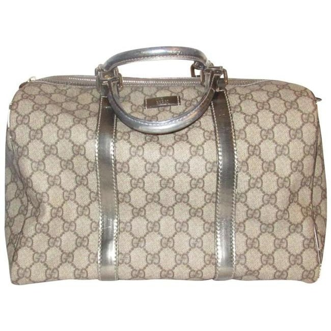 Gucci Joy Boston Bag Guccissima Canvas Leather Gg Supreme Tan G Print Metallic Coated: * For sale is a Gucci, tan Guccissima print coated canvas and metallic leather XL satchel or Boston bag with a zip top closure, tapered shape, a square, leather bottom, pink/bronze striped fabric with