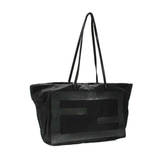 Fendi Style Purse Black W Xl Black Ff Logo Canvas And Leather Tote: For sale is an AMAZING, Fendi, black canvas, two handle, top zip, XL satchel or tote style, handheld or shoulder bag with an extra large, black leather, rectangular FF logo on both sides! This piece f
