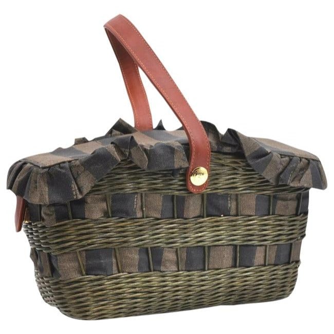 Fendi Xl Coated Canvasleatherraffia Basket Pequin Striped Printraffia Ctd Cnvsleatherraffia Tote: ONE OF A KIND FENDI STYLE! For sale is an unusual, RARE, Fendi, pequin striped print coated canvas, raffia, and burnt orange leather XL satchel or tote style, handheld/ shoulder bag with a graduated s