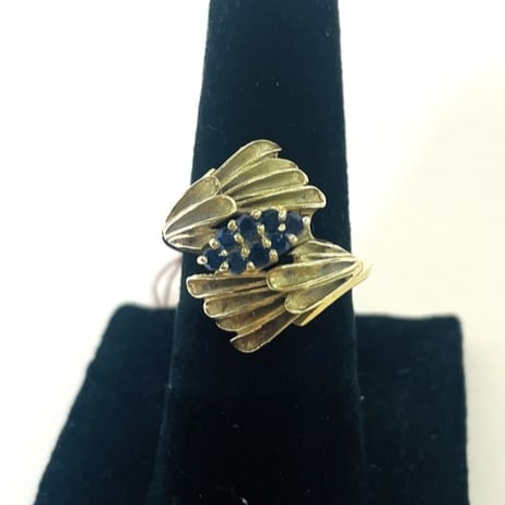 Art Nouveau 18k Yellow Gold And 8 Sapphire Wing Ring Size 4.75