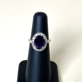 14k White Gold Amethyst With Clear Topaz Halo Size 4.75