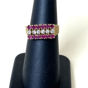 14k Ruby And Diamond 3 Bar Yellow Gold ring Size 6