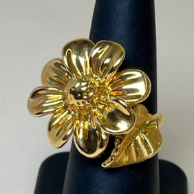 14k Yellow Gold Italian Blown Flower Ring with Leaf Detail