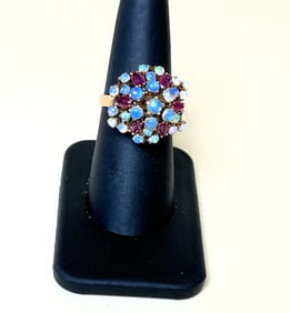18k Yellow Gold Opal & Ruby Princess Style Cluster Ring