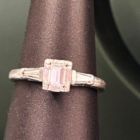 Vintage Emerald Cut Estate Diamond ~.39CT With 2 Diamonds On Band Platinum Ring Size 5