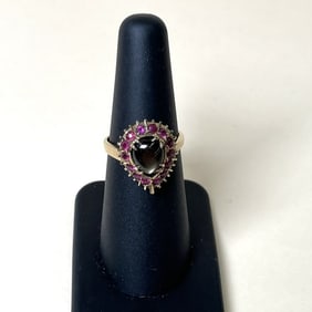 Antique 18k Black Sapphire With Pink Sapphire Halo Ring In 18k Yellow Gold Size 6.25