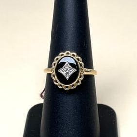 Antique 10k Yellow Gold Onyx And Diamond Set In White Gold Ring Size 6