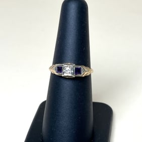 Antique Art Deco Amethyst And Diamond Yellow Gold Ring Size 6.75