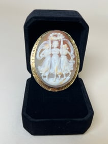 Antique 14k Yellow Gold Cameo, Three Muses Carved Cameo Brooch