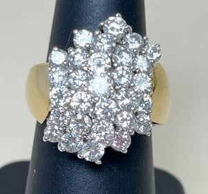14k Yellow Gold Waterfall Cluster Diamond Ring 29 Round Cut Brilliant Diamonds 3 1/3rd CT Total