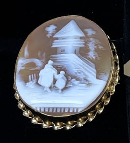 Antique 14k Yellow Gold Cameo Brooch, Cottage Cabin Scene