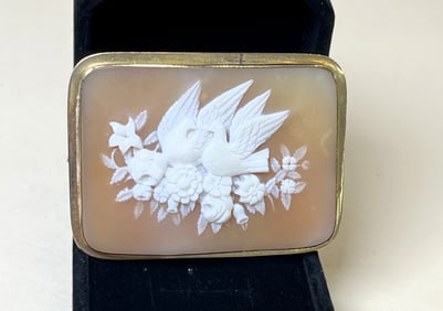 Antique 14k Yellow Gold Cameo Mourning Brooch, Doves Cameo Circa 1840s
