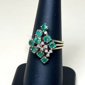14k Yellow Gold Emerald And Diamond Cluster Ring