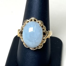 14k Yellow Gold And Light Green Jade Ring, Stunning Setting Size 8.75