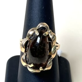 14k Yellow Gold With Large Piece Of Amber Ring, Size 8.25