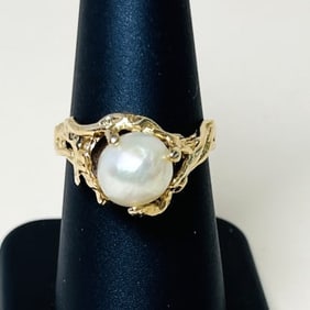14K Yellow Gold Brutalist Ring With Pearl Size 7.25