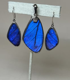 Hand Crafted Sterling Silver & Butterfly Ring Pendant with Matching Earrings Set