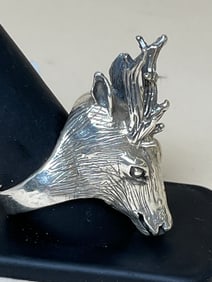 Hand Crafted Sterling Silver Elk Or Deer Bust Ring
