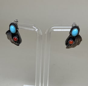Hand Crafted Native American Navajo Turquoise & Coral Sterling Silver Earrings