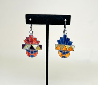 Hand Crafted 950 Silver Tribal Mask Dangle Earrings
