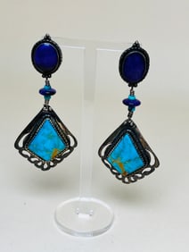 Incredible Sterling, Turquoise, & Purple Sugilite Signed Earrings