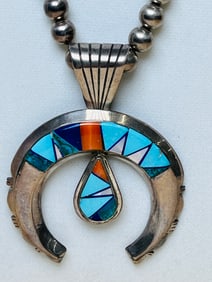 Incredible Navajo Native American Sterling Naja Pendant with Sterling Bead Necklace