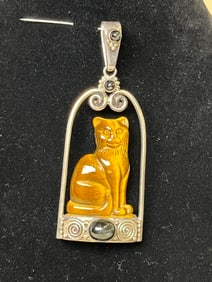 Sajen Sterling Carved Tiger's Eye Cat Pendant with Onyx Accent Stone