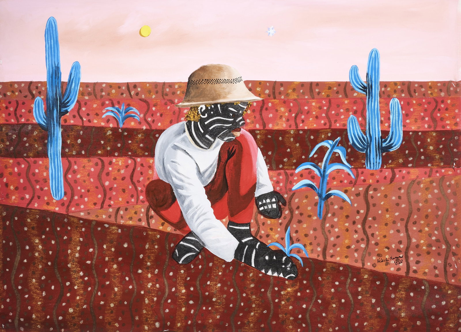 KELECHI NWANERI (NIGERIAN B.1994): GARDENER signed and dated Kelechi Nwaneri / '022' lower right oil on canvas 78.5 x 111cm; 31 1/4 x 43 3/4in unframed Property of a Private Collector, Maryland, USA Provenance Acquire