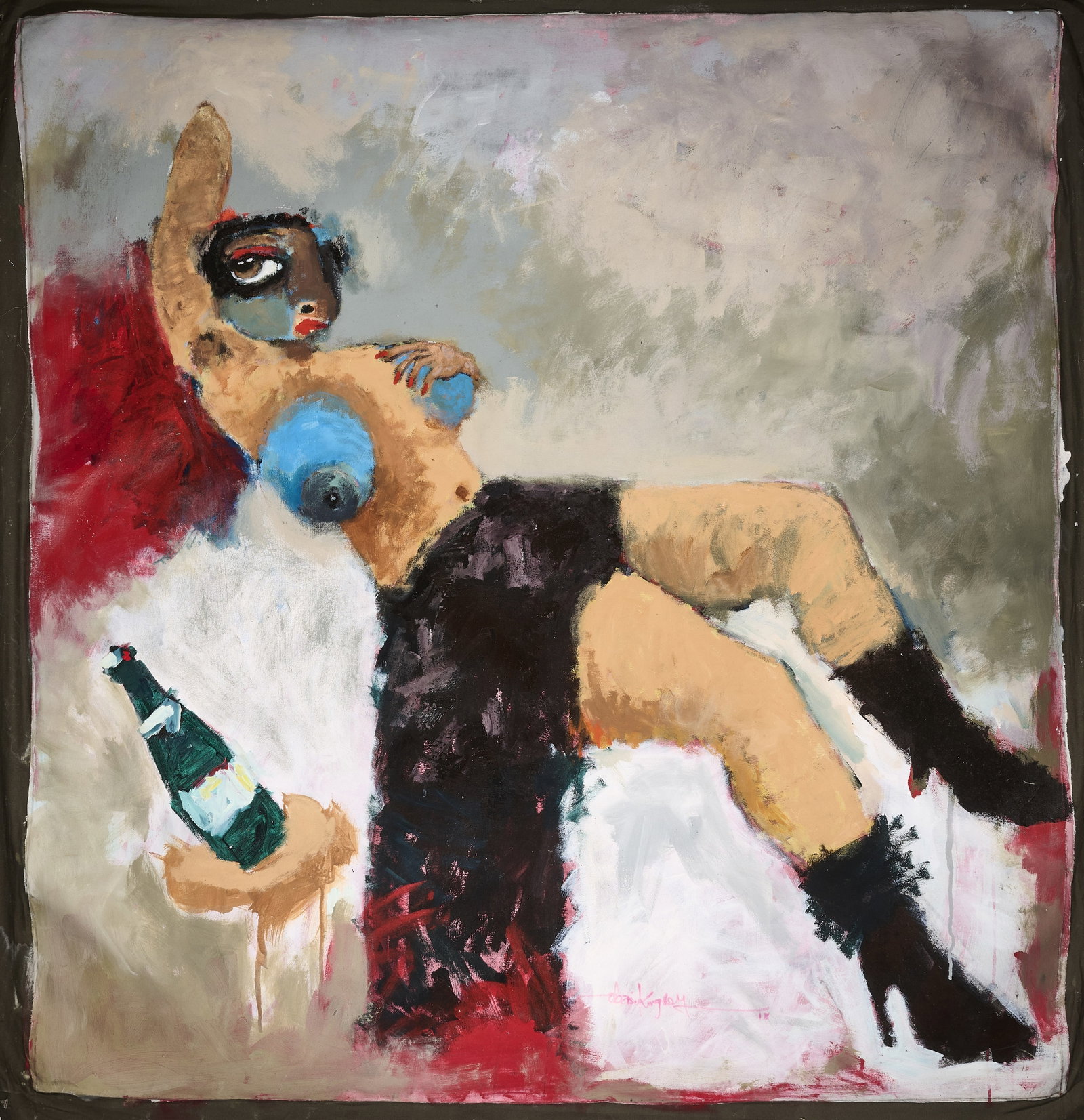 KINGSLEY OBASI (NIGERIAN B.1983): OLOSHO signed Obasi Kingsley lower right; inscribed Exhibition / Olosho / 130 x 120cm / Obasi Kingsley / 2018 on the reverse oil on canvas 130 x 123cm; 51 1/8 x 48 3/8in unframed Property of a P
