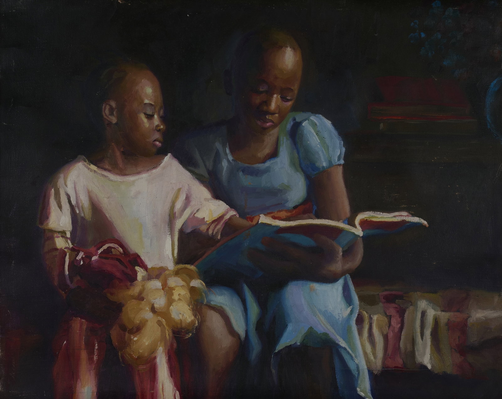 OLUWOLE OMOFEMI (NIGERIAN B.1988): EARLY LESSONS FOR TOMORROW III signed and dated Oluwole Omofemi / 16 lower right oil on canvas 70 x 85.8cm; 27 1/2 x 33 3/4in unframed This contemplatative oil on canvas work represents Omofemi's prac