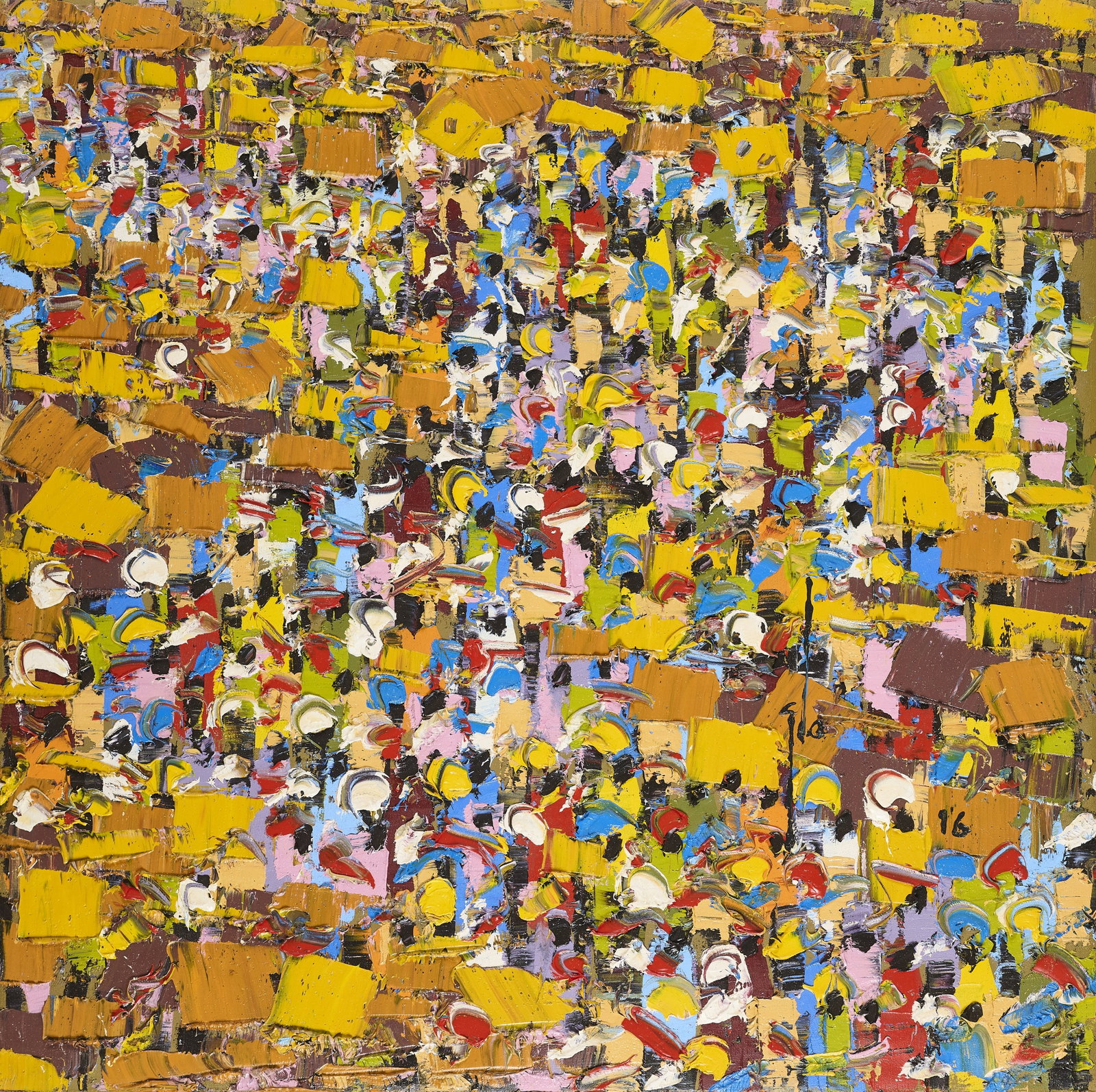 ABLADE GLOVER (GHANAIAN B.1934): UNTITLED signed and dated glo / 16 lower right; inscribed 30 x 30 on the reverse oil on canvas 75.6 x 76cm; 29 3/4 x 30in 85.5 x 86cm; 33 5/8 x 33 7/8in (framed) Property of a Private C