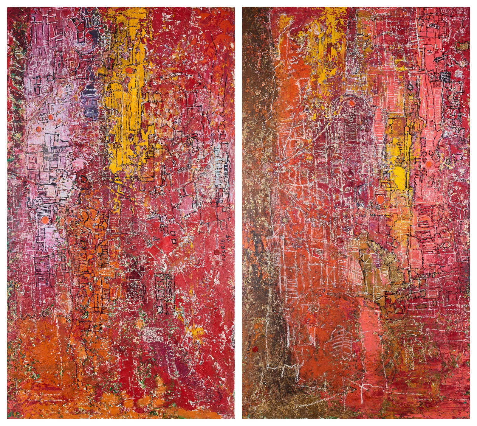 AHMED FARID (EGYPTIAN B.1950): (I) and (II) HIDDEN IDENTITIES (i) and (ii) signed and dated A.FARID. 019 centre right (i) and (ii) oil on canvas (i) and (ii) 220.5 x 122cm; 86 7/8 x 48in each (i) and (ii) unframed Property of a Lad