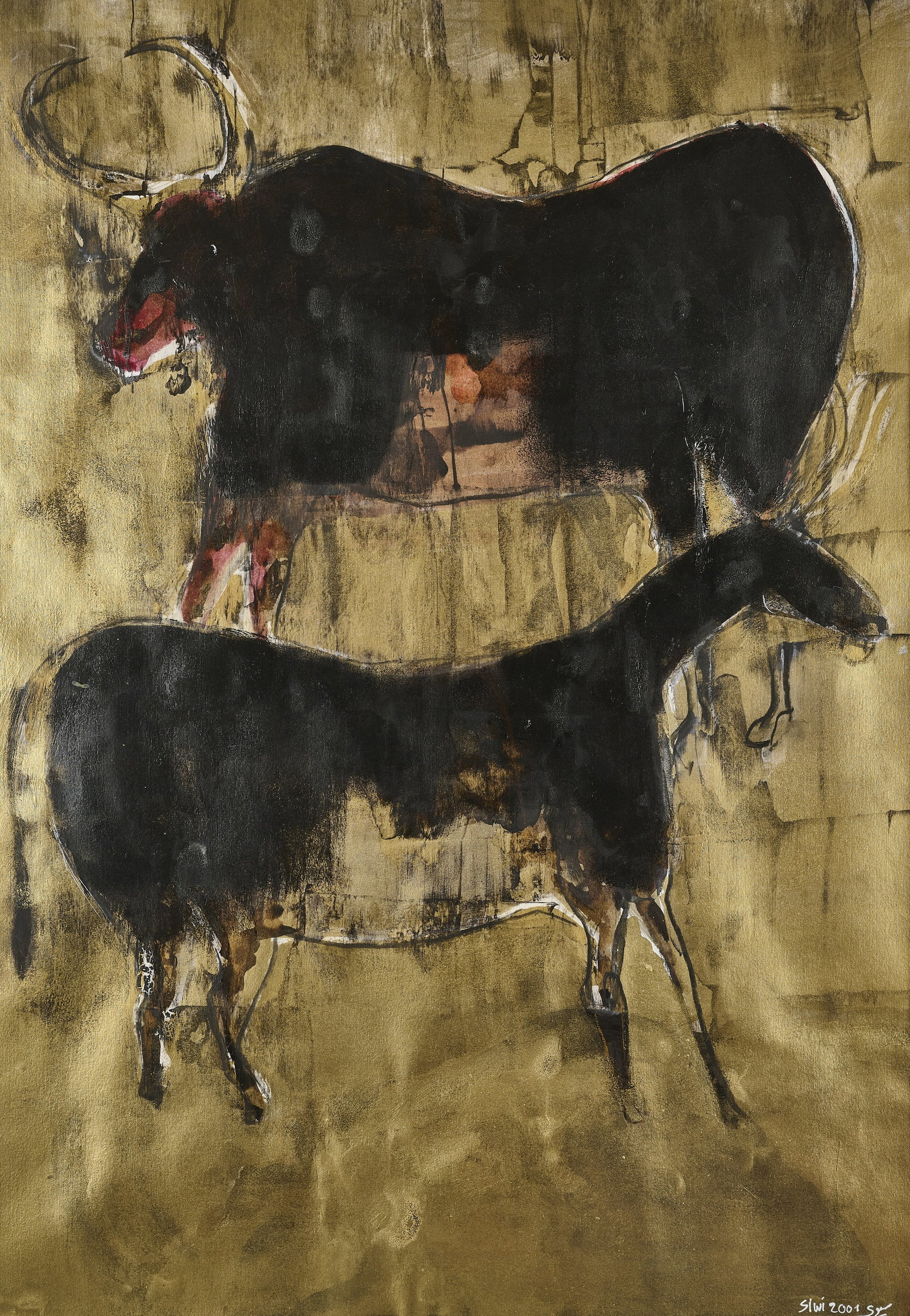 ⊕ ADEL EL SIWI (EGYPTIAN/ITALIAN B.1952): TAURUS mixed media on paper signed and dated Siwi 2001 in English, and Siwi in Arabic lower right 97.3 x 67.5cm; 38 1/4 x 26 1/2in 139.7 x 100.7; 55 x 39 4/8in (framed) Property of a Lady, Londo